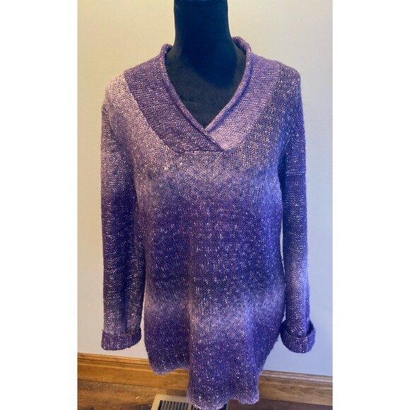 Coldwater Creek Purple Sweater Sz Large 25% Wool V Neck Variegated Fuzzy Striped - Picture 3 of 12